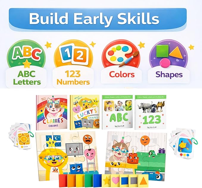 TOYVENTIVE Books, Toddler Flash Cards, and Puzzles – Educational Toys and Birthday Gifts for 1, 2, 3 Year Old Girl, Preschool Learning Activities and Games, Colors, Shapes, Letters, Numbers