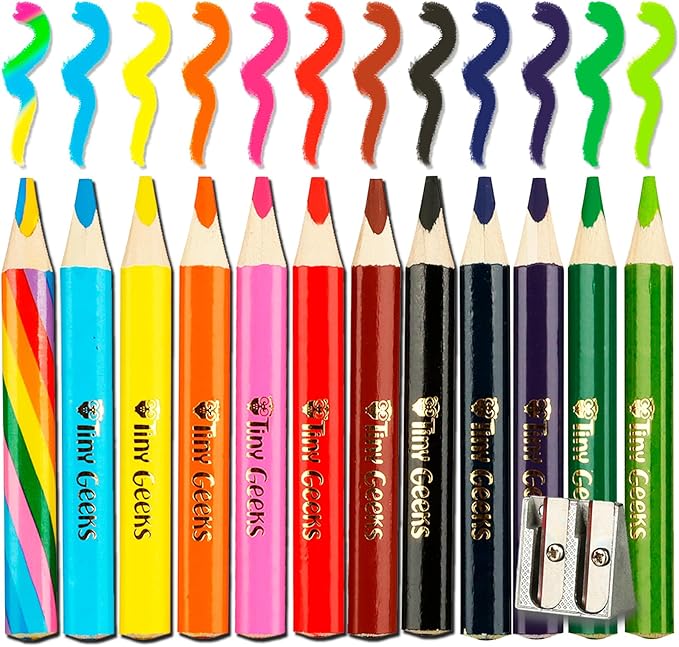 TinyGeeks Jumbo Pencils - NEW -12 Triangle Short Colored Pencils for Kids and Rainbow Pencil + Sharpener - Perfect for Preschool, Toddlers and Beginners + Recommended by Teachers & Experts