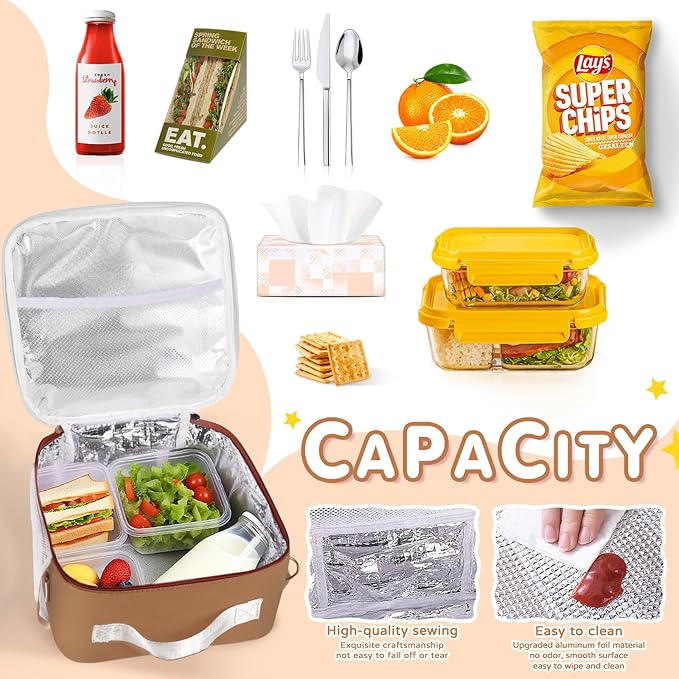Nsrzua Lunch Bag Kids,Insulated Lunch Bag With Adjustable Shoulder Strap,Reusable Lunch Bag for Kids, Girls,Boys, lunch Bag Women,Preppy Lunch Box for School,Travel, Picnic (brown)