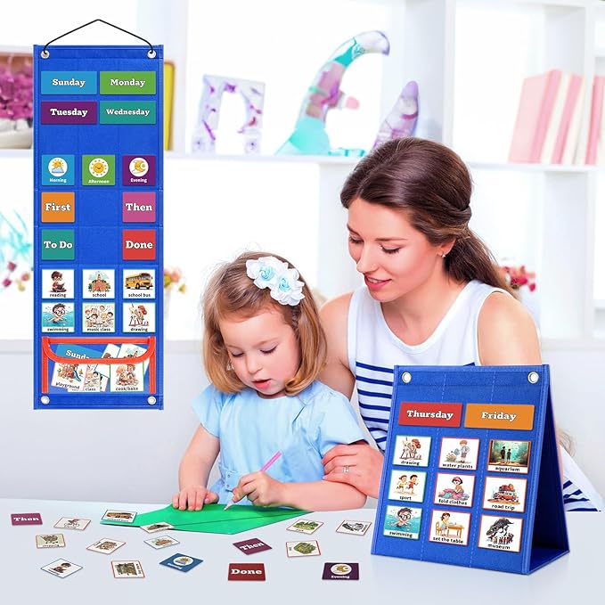 PITCOTT Visual Schedule for Kids Chore Chart，103 Daily Schedule Board Routine Pocket Chart Cards for Toddlers,Autism Learning Material Tool Wall Planner for Home School with 3 in 1 Cards Gift for Kids