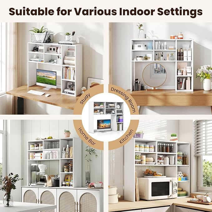 Giantex Desktop Bookshelf, Desk Hutch Dorm w/ 7 Cubes & 3 Adjustable Shelves, Desk Shelf for Up to 27" Computer Monitors, Wooden Desktop Storage Organizer for Dorm College Office Home (White)