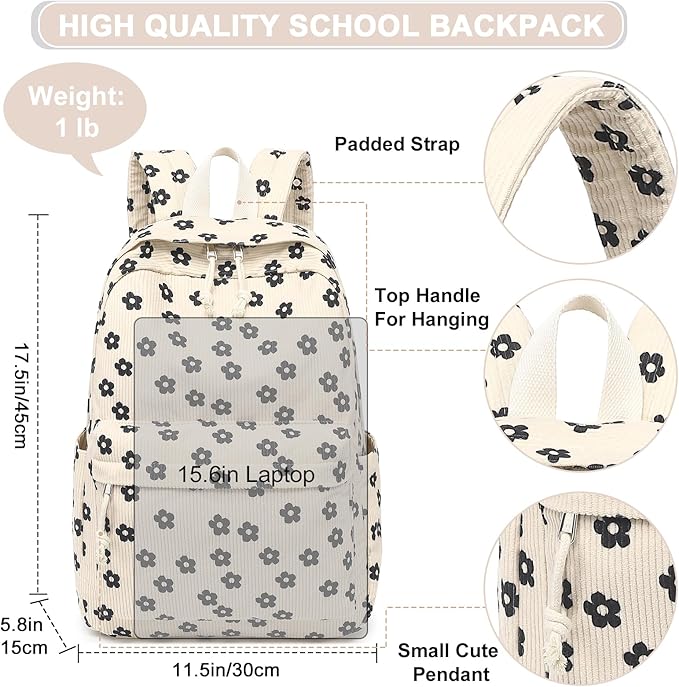 BTOOP School Backpack for Teens Large Corduroy Bookbag Lightweight 15.6 inch Laptop Bag for Girls Women Casual High School College