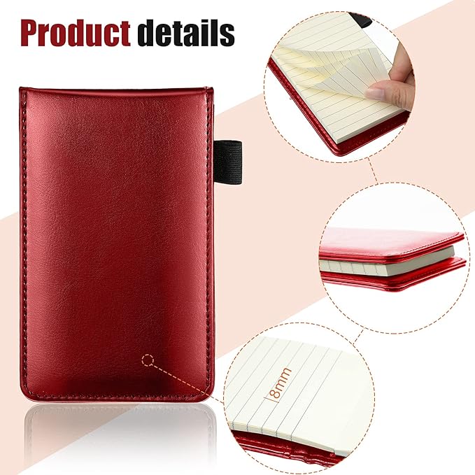 Outus 10 Pcs Mini Pocket Notepad Holder Set Included Small Leather Pocket Notebook Holder with 50 Lined Sheets, Metal Pen, 8 Pcs 3 x 5 Inch Memo Book Refills, 30 Lined Paper Per Note Pad (Red)