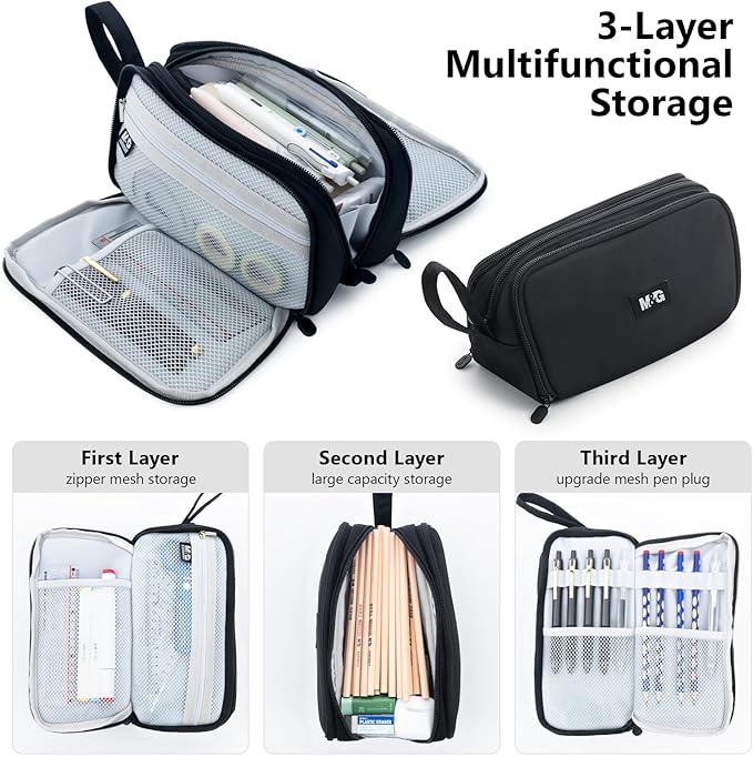 M&G Large Pencil Case, Big Capacity Pencil Pouch with 3-layer Compartment, Portable Handheld Pencil Bag, Cute School Stationery Organizer for Boys Girls Men Women, Ideal for Office School