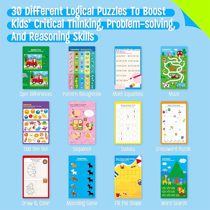 SpriteGru Logic Puzzles Game Pad, 30 Reusable & Erasable Logical Thinking Games, Dry Erase Brain-Boosting Puzzle Activities Book for Kids, Educational Toy for Road Trip, Airplane & Car Travel
