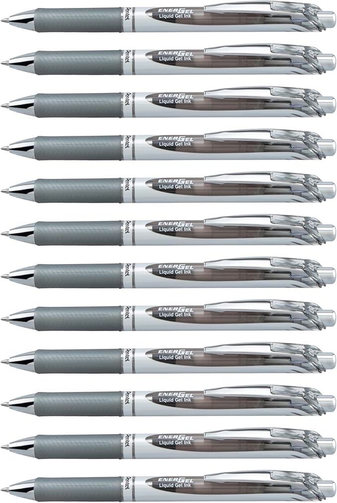 Pentel EnerGel RTX Retractable Liquid Gel Ink Pen, (0.7mm) Medium line, Gray Ink, Box of 12 Pens (BL77-N)