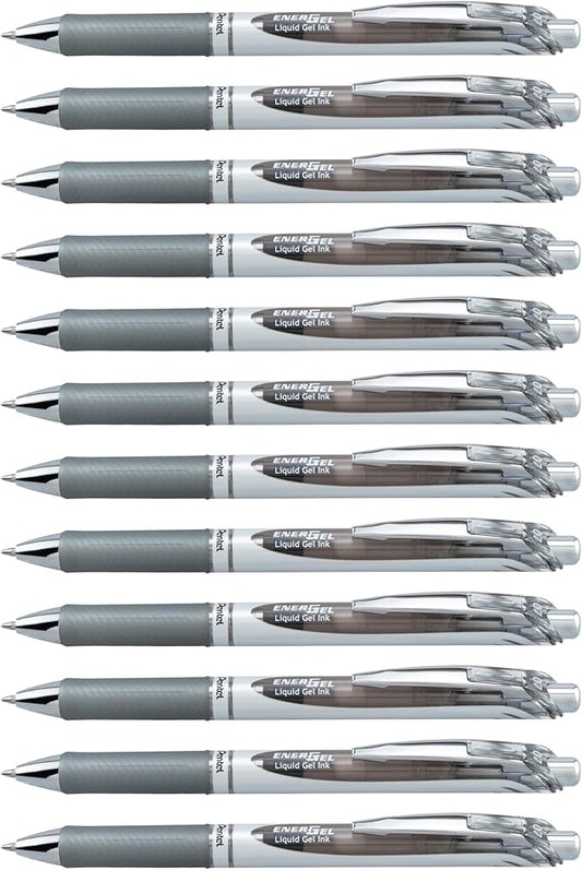 Pentel EnerGel RTX Retractable Liquid Gel Ink Pen, (0.7mm) Medium line, Gray Ink, Box of 12 Pens (BL77-N)