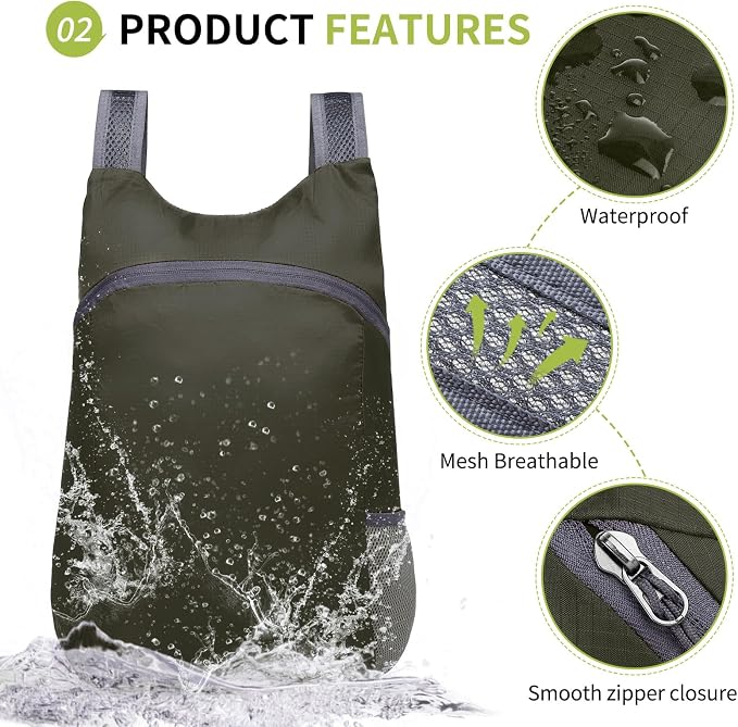 Ultra Lightweight Hiking-Daypack,Foldable Travel Packable Backpack | 20L Foldable Bag for Camping Cycling Outdoor,Day Pack for Men Women,Dark Green
