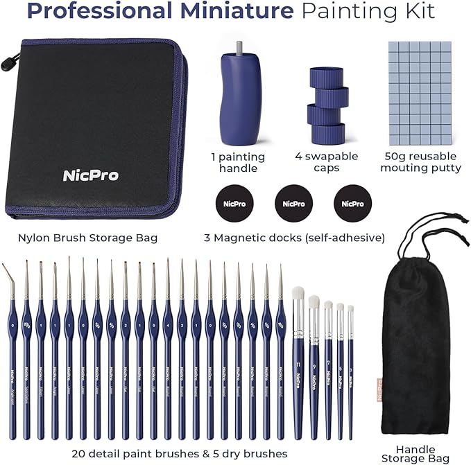 Nicpro Professional Miniature Painting Kit - 25PCS Miniature Paint Brushes Drybrush with Magnetic Painting Handle, Model Paint Brushes for Miniatures, Model, Craft, Acrylic Painting, with Nylon Bag