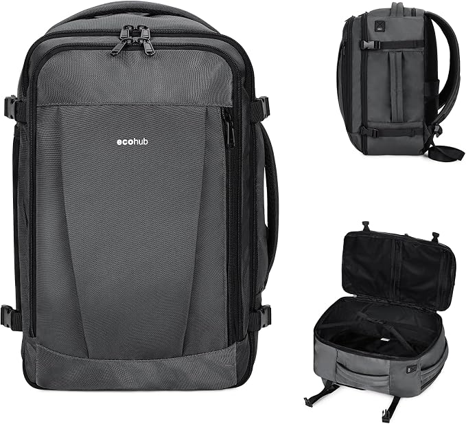 ECOHUB Travel Backpack 18x14x8 Frontier Airlines Personal Item Bag Ash Grey | Carry On Backpack with 13 Pockets, Casual Daypack for Men Women Airline Approved Water Resistant Back pack with Charging Port