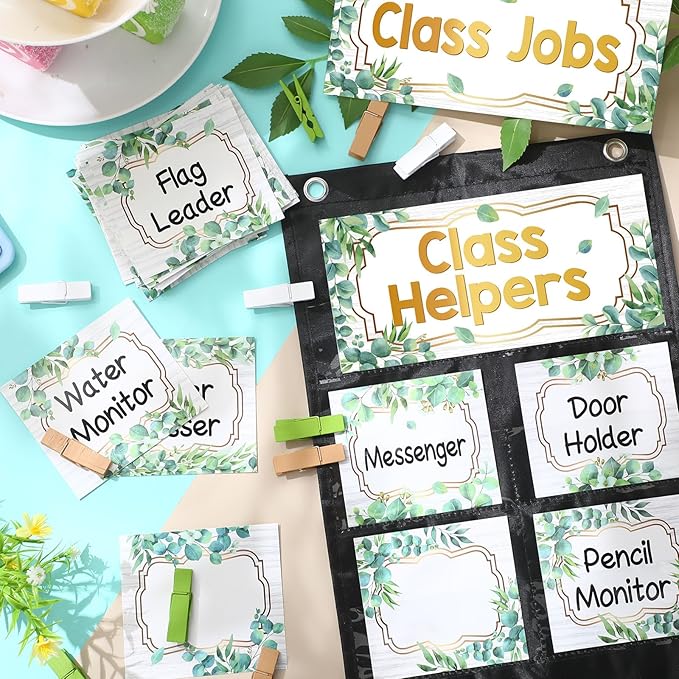 Pasimy Eucalyptus Class Jobs Pocket Chart Class Helpers Pocket Chart Classroom Jobs Cards with Clips and Hooks Teacher Helper Bulletin Board Set for Back to School Classroom Teacher Supplies