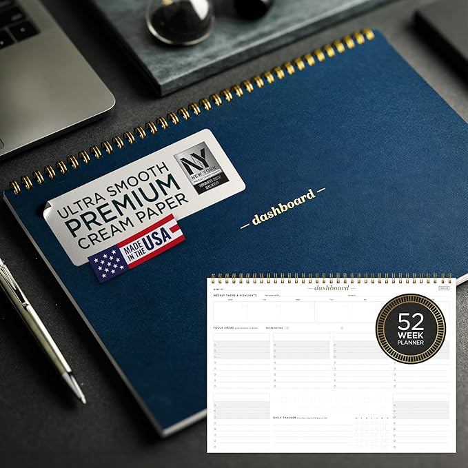 Ink+Volt Dashboard Spiral Deskpad | Undated Weekly Planner Notepad w/ 52 Undated Sheets, Premium Productivity Planner, Minimalist Weekly to do List for Work & Study | A4 Size, Navy - Made in the USA