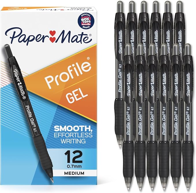 Paper Mate Profile Gel Pens, Retractable, Medium Point (0.7mm), Black Ink, Office Supplies, Writing, Note-Taking (Pack of 144)