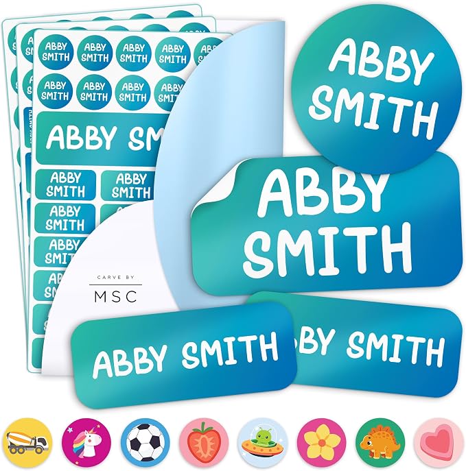Personalized Daycare Name Labels for Kids, 148 Pack Waterproof Custom Name Stickers for Clothing Tags, Lunch Boxes and School Supplies, Made in USA by MSC - Gradient
