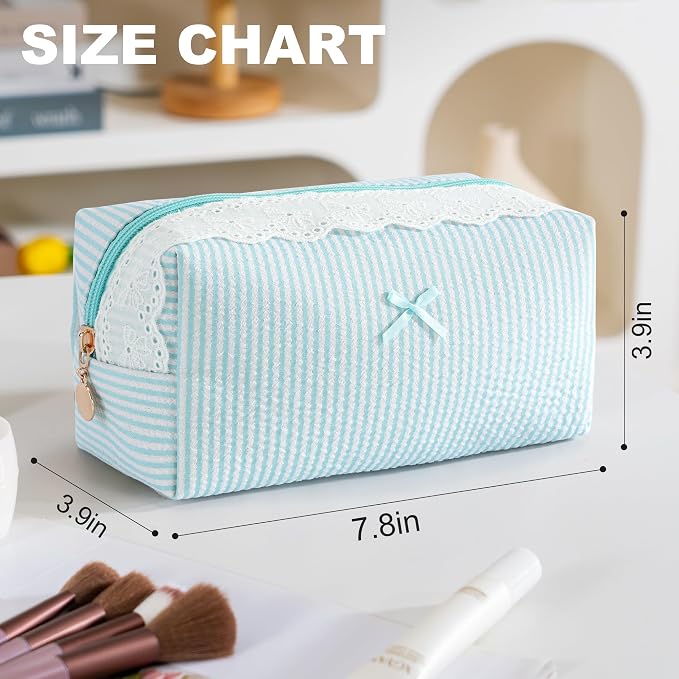 Makeup Bag Travel Toiletry Bag for Women, Small Cosmetic Bags with Lace Trim Cute Green Stripe Aesthetic Organizer Makeup Pouch for Purse Emergency Bag Pencil Case Accessory Bag