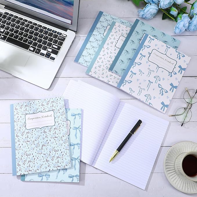 Fullhawl 6 Pack Composition Notebook College Ruled Bulk Blue Bow Composition Notebook Preppy Aesthetic for Back to School Supplies 110 Pages 9-3/4 x 7-1/2" Cute Journal for First Day of School Office