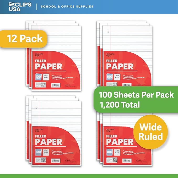 Wide Ruled Loose Leaf Paper Wide Ruled Notebook Paper Lined Writing Filler Paper 10.5” x 8” 56 gsm 1200 Sheets 100 Sheet Per Pack (12 Pack)