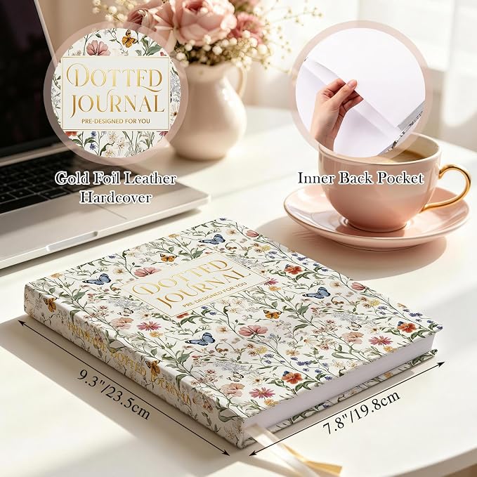 Everloria Premade Dotted Journal Notebook, 12 Months Pre-made Bullet Templates, 260 Hand-Drawn Coloring Pages, Undated Weekly & Monthly Planner, 7.8"x9.3" Leather Dot Grid Habit Mood Tracker