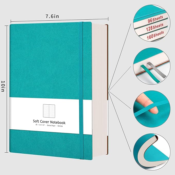 AHGXG Dotted Journal - 320 Pages Dot Grid Notebook B5 Large Journal, 100gsm Thick Dotted Paper, Leather Softcover, with Journal Stencils, Inner Pocket, 7.6'' X 10'', Cyan