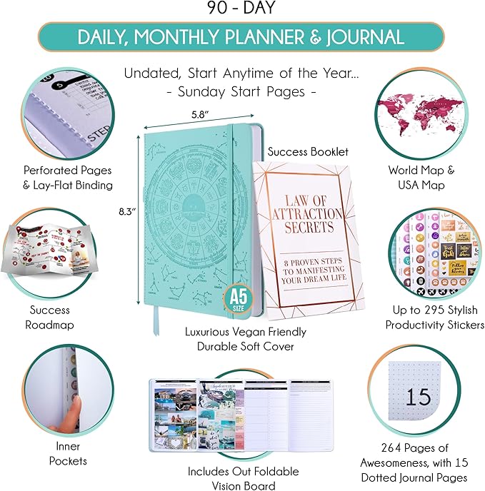 Manifestation Journal for Women and Men — 5 Minute Manifesting and Goals Journal | 3 Month Undated Daily Planner | Law of Attraction Planner, Affirmations, Gratitude | Vision Board + Stickers