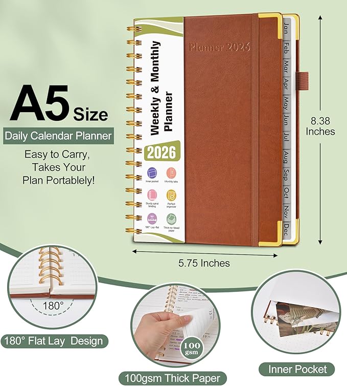 2026 Planner, Hardcover Leather Weekly and Monthly Planner, January 2026 - December 2026, Spiral Yearly Agenda Organizer Book 2026 with Tabs, Daily Calendar Planners for School Work Home, A5 (5.75" x 8.38"), Brown