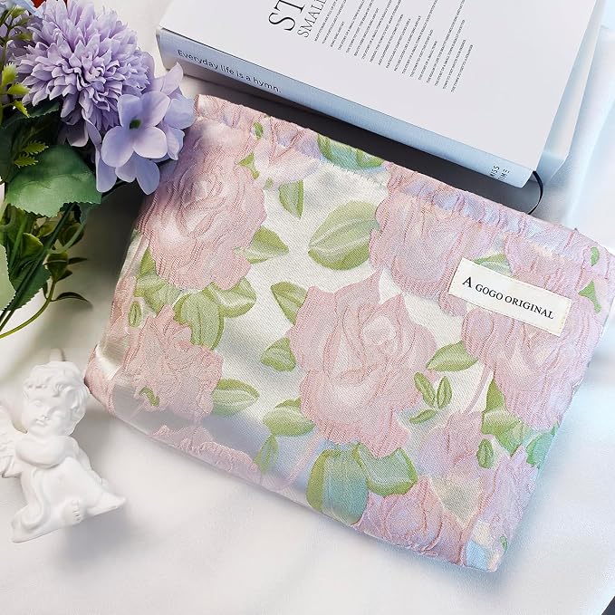 STARDW Cute Floral Makeup Bag Organizer Travel Cosmetic Pouch for Women | Aesthetic Cosmetic Bag with Zipper, Large Capacity Travel Toiletry Bag, Purse Organizer Pouches, Canvas Lining