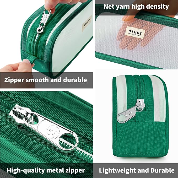 Grid Mesh Pencil Case Pouch Large Capacity Pencil Bag with Zipper | Big Pencil Pouch Dark Green Simple Stationery Bag Aesthetic Pen Bag for School Teen Girl Boy Multi-Purpose Bag for Office Men
