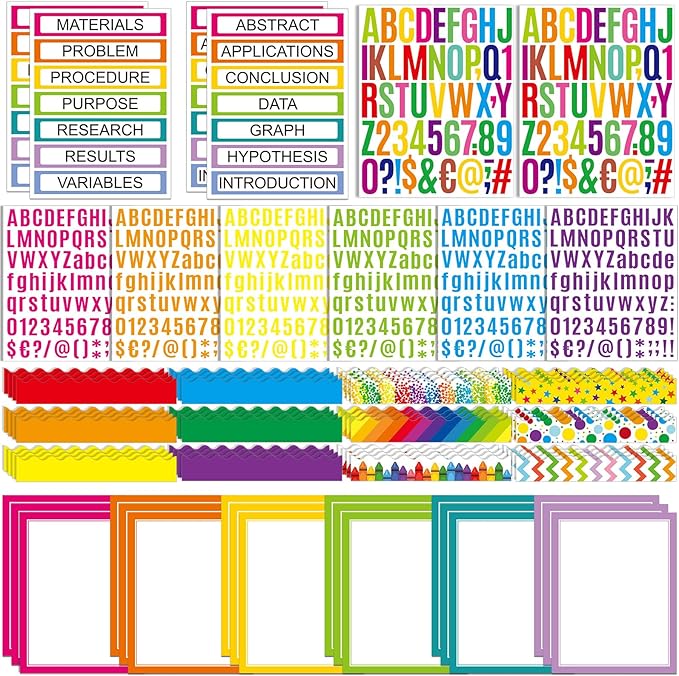 Sinload 92 Pcs Science Fair Board Supplies 60 Trim Scalloped Poster Boards 18 Presentation Subtitles 6 Project Titles 8 Letter Sticker for Classroom Display Boards(Colorful,Wave)