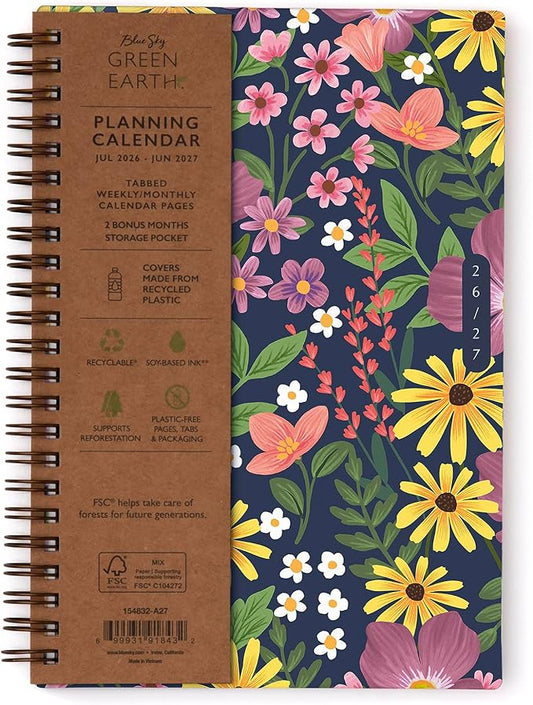 Blue Sky Sustainability 2026-2027 Weekly and Monthly Academic Year Planner Calendar, July 2026 - June 2027, 5" x 8", Flexible Cover From Recycled Plastic, Wirebound, Laminated Tabs, Storage Pocket, Gail