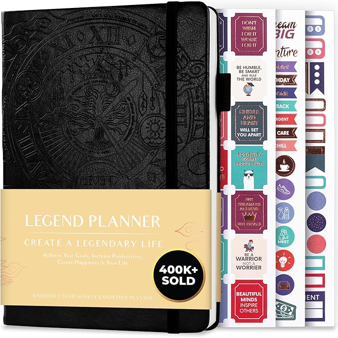 Legend Planner – Undated Weekly & Monthly Life Planner to Hit Your Goals & Live Happier, Organizer Notebook & Productivity Journal, A5 (Black)