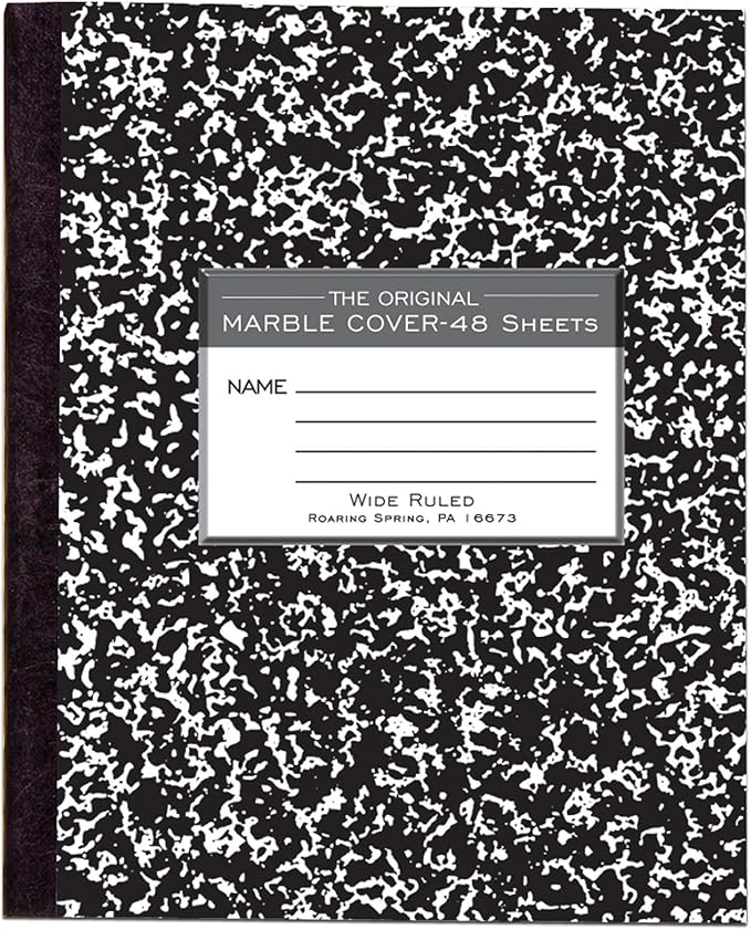 ROARING SPRING Flexible Cover Composition Notebook, Black Marble, Wide Ruled w/Margin, 48 Sheets (96 Pages), 8.5" × 7", Center-Sewn, Made in USA