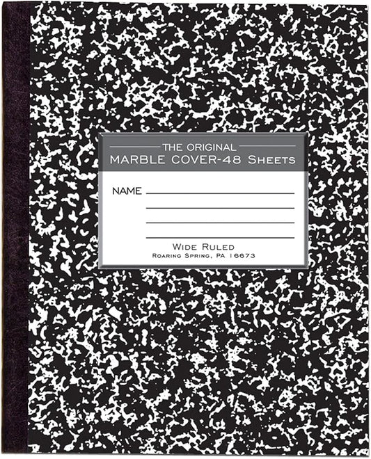 ROARING SPRING Flexible Cover Composition Notebook, Black Marble, Wide Ruled w/Margin, 48 Sheets (96 Pages), 8.5" × 7", Center-Sewn, Made in USA