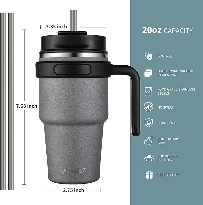 20 oz Insulated Coffee Mug Tumbler with Handle, Stainless Steel Travel Mug Tumbler with Lid and Straw, Double Wall Vacuum Leak Proof Ice Coffee Thermal Cup, Gray
