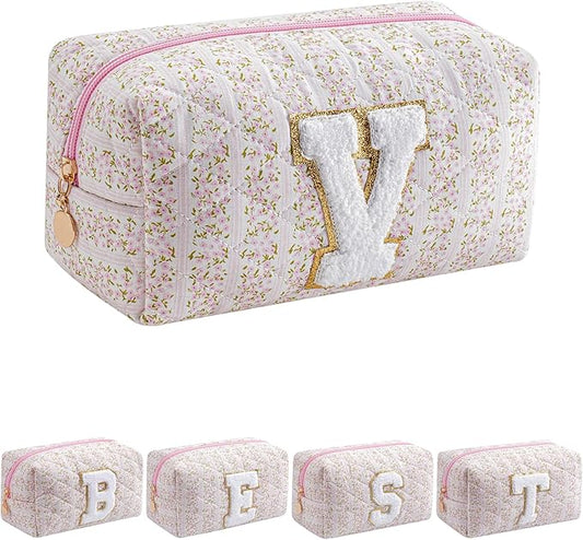 JOVAKIT Alphabet Makeup Bag Cosmetic Bag for Women, Christmas Gifts for Girls Age 6-18, Floral Flowers Coquette Travel Toiletry Zipper Make Up Pouch Organizer Trendy Stuff (Pink Floral V)