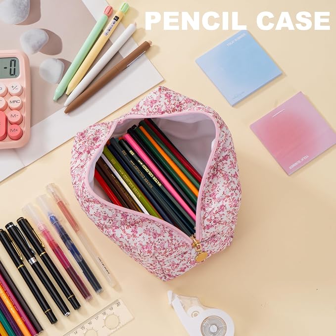 Makeup Bag Travel Toiletry Bag for Women, Small Cosmetic Bags Cute Quilted Cotton Makeup Pouch for Purse Emergency Bag Pencil Case Accessory Bag, Baby Pink