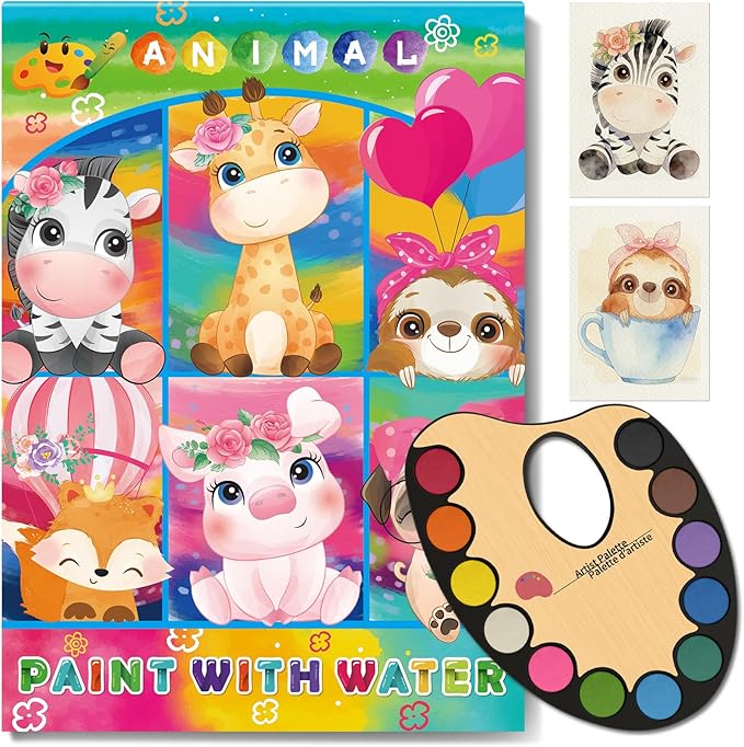 Elfew Paint with Water Coloring Books for Kids 3-8, No Bleed Watercolor Painting Book for Toddlers, 12 Colors Paint Set, 15 Animal Designs, 200GSM Thick Paper, Travel Art Kit for Kids 4-6