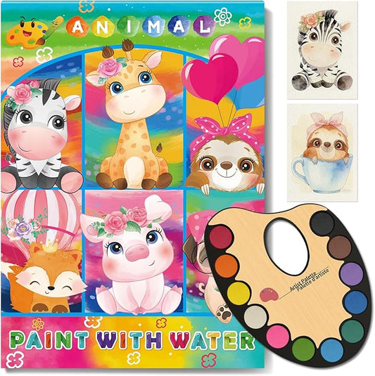 Elfew Paint with Water Coloring Books for Kids 3-8, No Bleed Watercolor Painting Book for Toddlers, 12 Colors Paint Set, 15 Animal Designs, 200GSM Thick Paper, Travel Art Kit for Kids 4-6