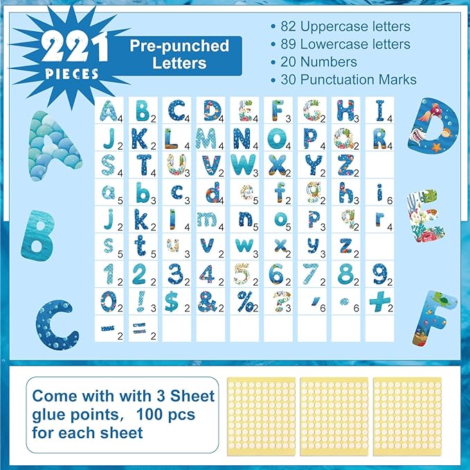 221 Pcs Ocean Bulletin Board Letters, Round Alphabet Number Punctuation Symbol Combo Letter Cutouts, Under The Sea Classroom Decor for School Classroom Chalkboard Poster Bulletin Board Wall