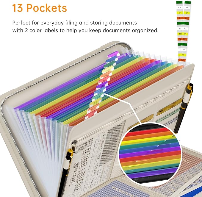 Tamfile Fireproof Accordion File Organizer with Handle, 13 Pocket Colorful Expanding File Folder with Zipper & Labels, File Folder with Multi-Pockets Paper Organizer Folder for Letter A4 Files (Beige)