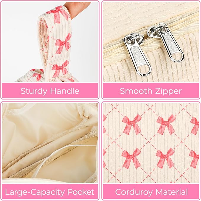 WOBAGMEN Cute Pencil Case,Large Corduroy Zippered Pencil Case Pouch, aesthetic Pencil Bag with Compartments, Pencil Pouch School Supplies (HY-corduroy pc-pink bow)