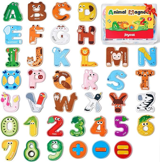 JoyCat Wooden Thick Alphabet Magnets for Toddlers Fridge Large Size Cute Animal Colorful ABC Magnetic Letters 26 Uppercase Letters 0-9 Numbers Toy Set for Kids Toddlers Preschool Learning Spelling