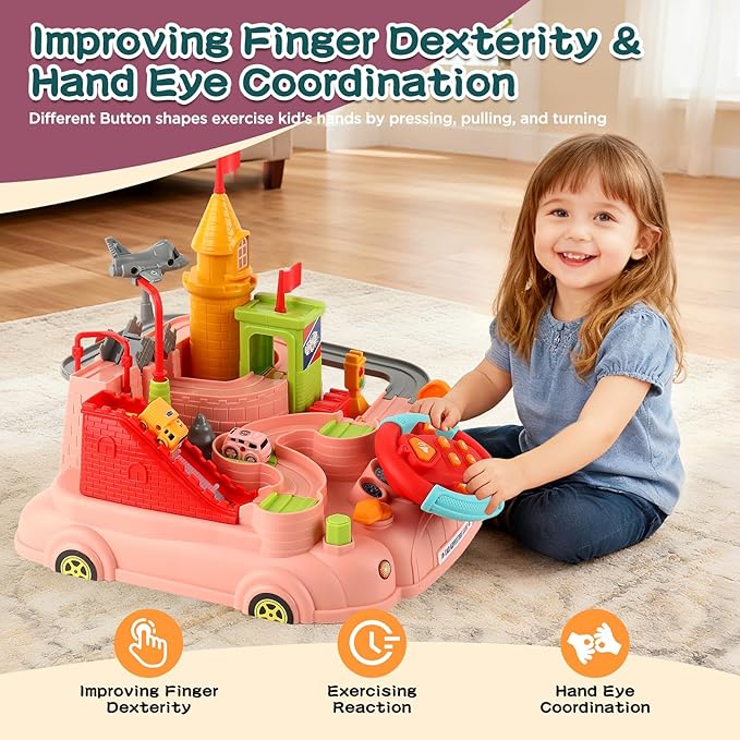 2026 Upgraded Car Adventure Toy for 3 4 5 6 Year Old Boys Girls, Race Track Toy with Steering Wheel & Sound, Montessori STEM Toys for Toddlers, Fine Motor Skills Birthday Gift for 3-5 Year Old Kids