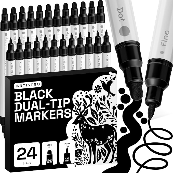 ARTISTRO 24 Black Dual-Tip Acrylic Paint Markers – Paint Pens Set with Dot & Fine Tips for Fabric, Rock, Glass, Wood, Coloring Books – Arts & Crafts Gift – Classroom Must Haves & School Supplies