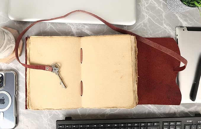 Leather Journal with Deckle Edge Paper 8x6 inch and Vintage Key | Handmade Writing Notebook Diary | Bound Daily Notepad for Men & Women Medium, Sketch/Writing pad for Artists