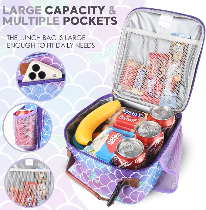 Genteen Kids Lunch Box Insulated Soft Mini Cooler with Bottle Holder, Lightweight Reusable Easy-Clean Lunch bag for Girls, Boys Back to School-Mermaid
