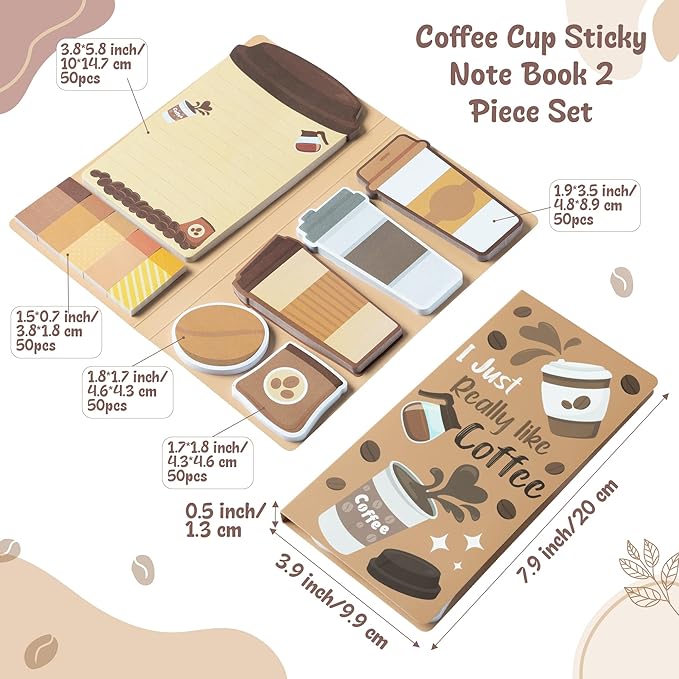 B1ykin Coffee Cup Sticky Notes Set - I Just Really Like Coffee Self-Stick Notes Pad, 550 Sheets Writing Memo Pages Sticky Notepad for Teacher Appreciation Gifts, School Office Party Favors (2Pcs)