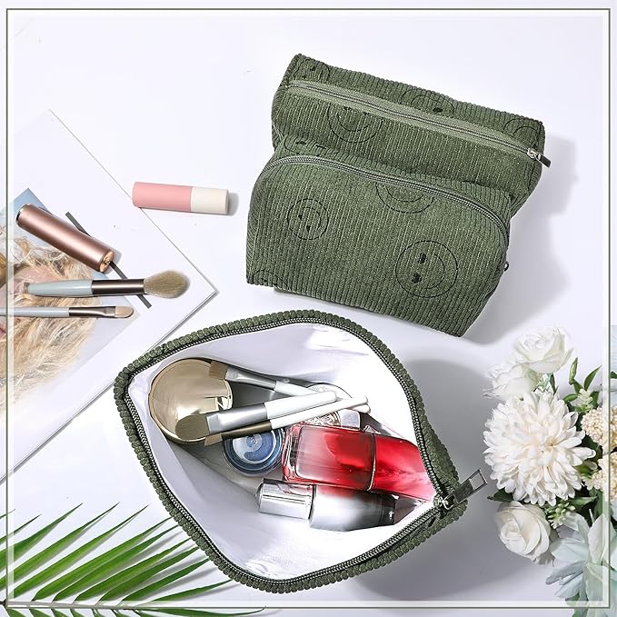 Huhumy 3 Pcs Makeup Bag Set for Women Corduroy Cosmetic Pouch Aesthetic Smile Travel Toiletry Bag Cute Purse Pouch Pencil Case Makeup Brushes Storage Organizer with Zipper(Army Green,Smile Face)