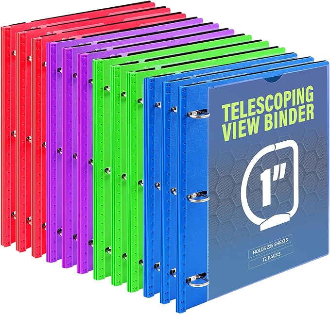 WOT I 1 Inch Telescoping 3 Ring Binder 12 Pack, Expandable Flexible Binder with Customizable Front Cover & Clear Catalog Pocket,Holds 8.5"x11" Paper, Assorted Colors, School Office Supplies
