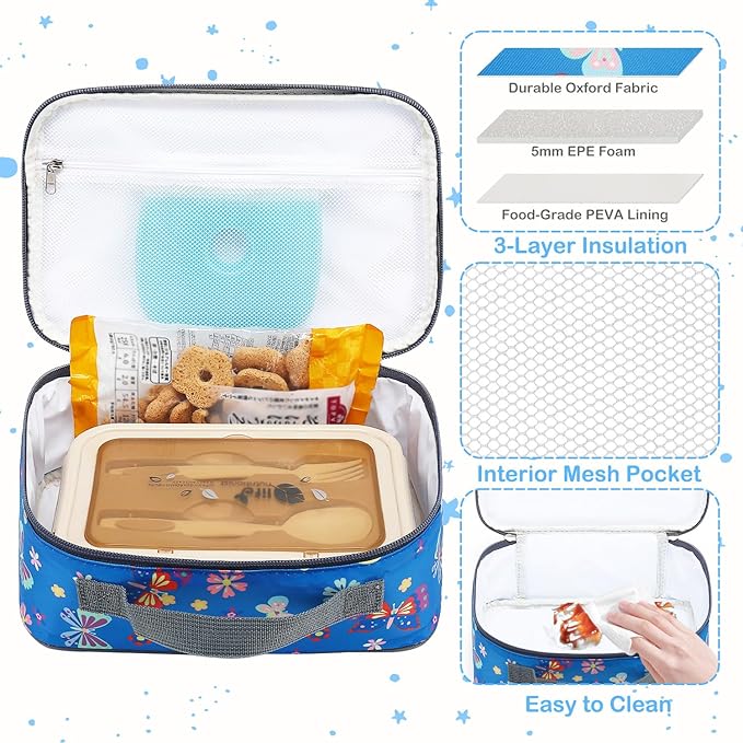 FlowFly Kids Lunch box Insulated Soft Bag Mini Cooler Back to School Thermal Meal Tote Kit for Girls, Boys, Butterfly