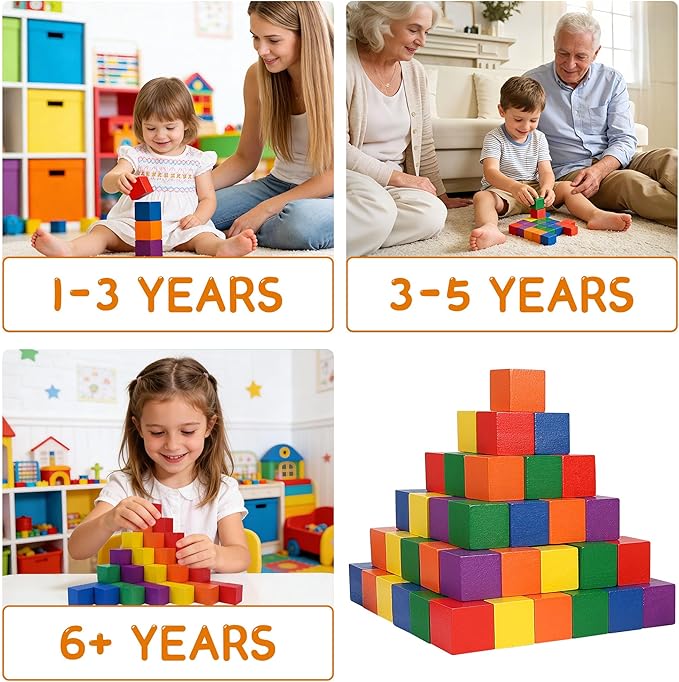 Offelec 108 Pack 1 Inch Wooden Blocks, 6 Colors STEM Math Sorting Toys, Wood Building & Stacking Blocks for Toddlers, Classroom Learning Wooden Cube Blocks, Creative Play & DIY Craft for Kids Ages 3+